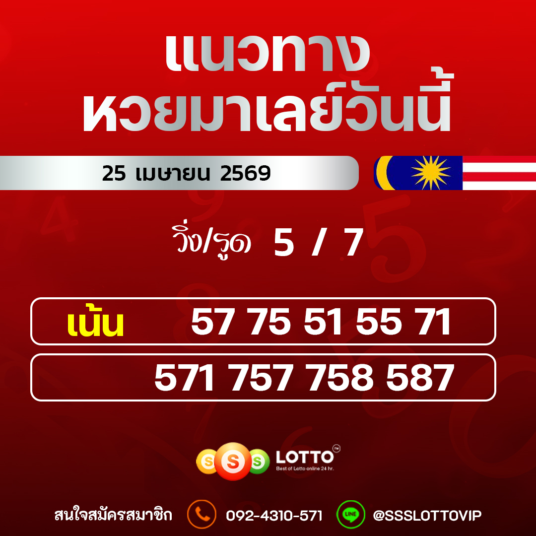 Ssslotto  แนวทางหวยมาเลย์ วันนี้ 25/04/2569  แนวทาหวยมาเลย์ออนไลน์