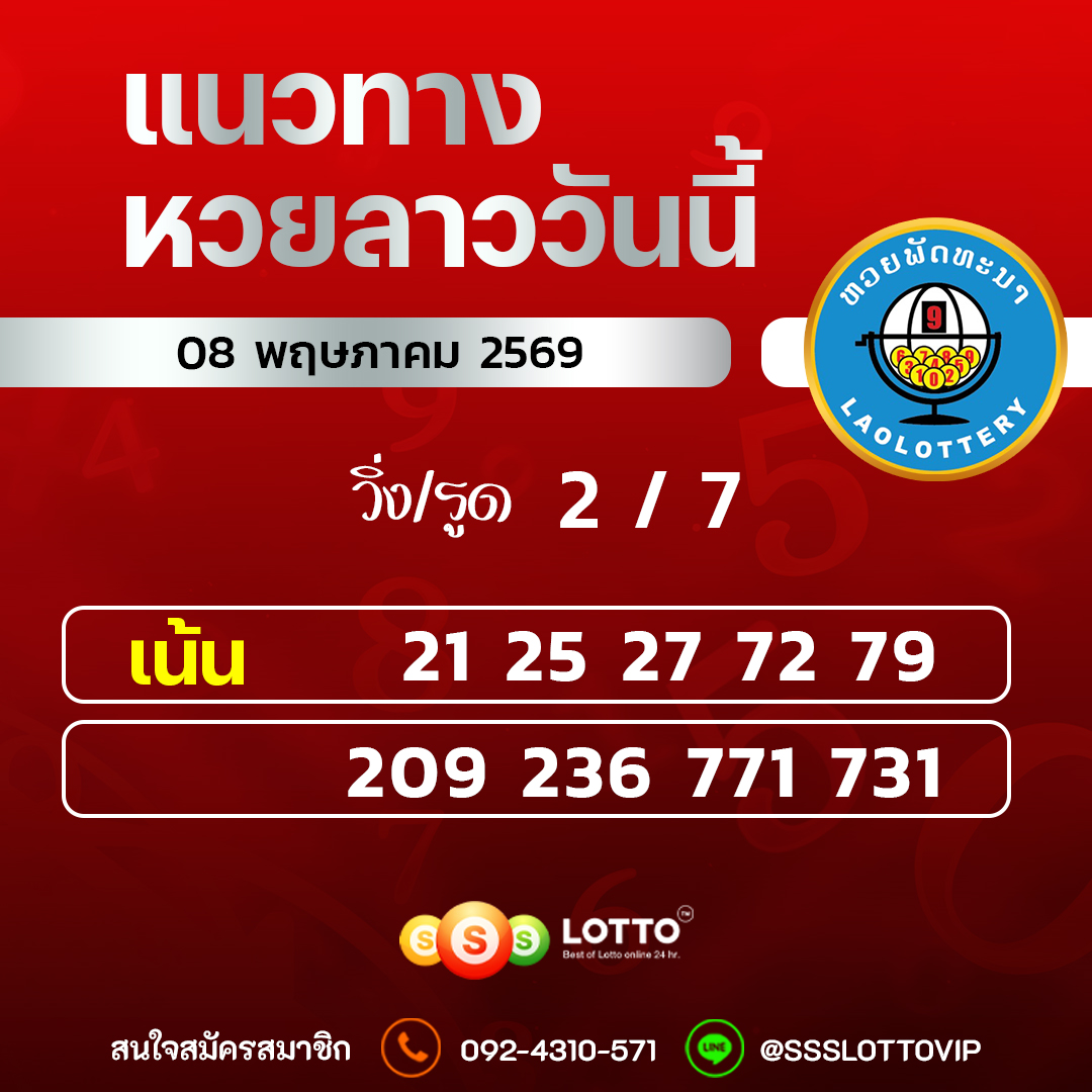 Ssslotto แนวทางหวยลาว วันที่ 08/05/2569 แนวทาหวยลาวออนไลน์
