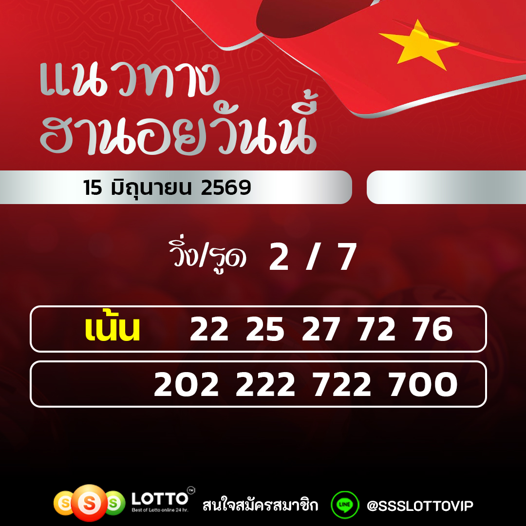 Ssslotto แนวทางหวยฮานอย วันนี้ 15/06/2569 แนวทาหวยฮานอยออนไลน์